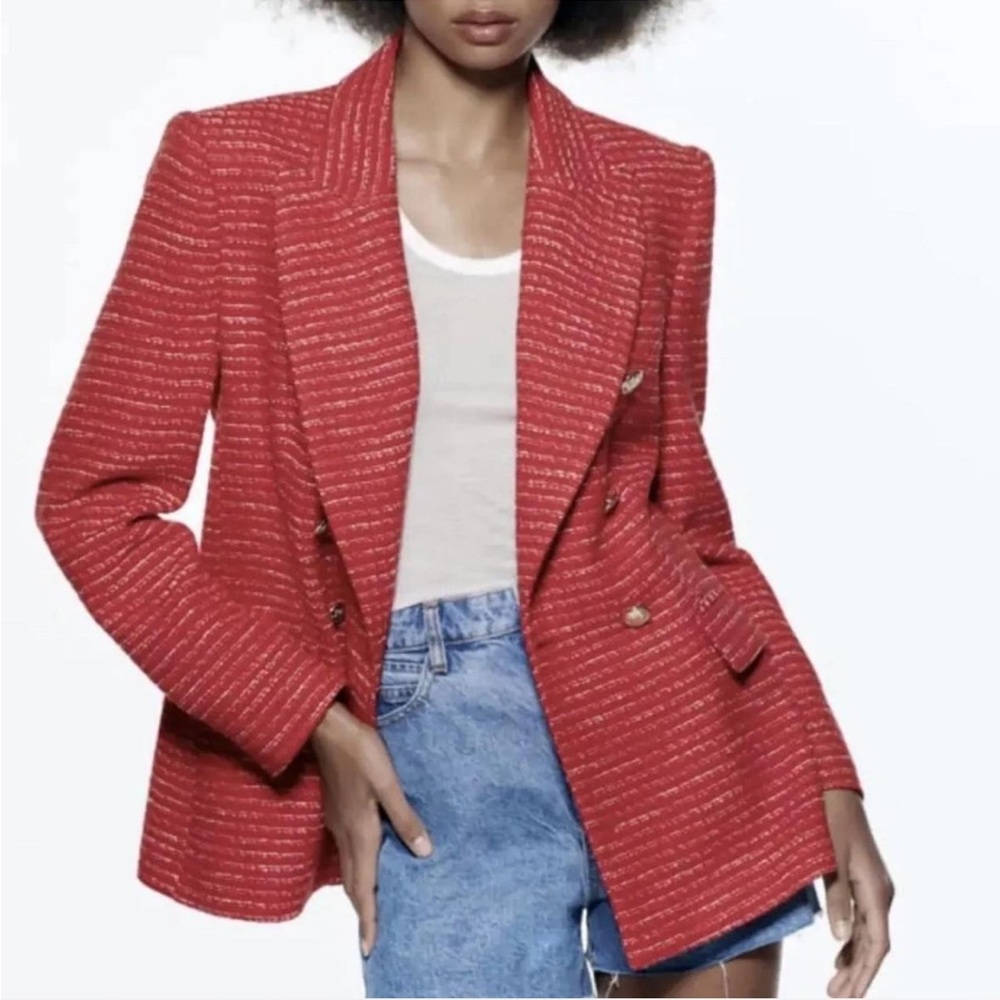 Zara Red Textured Tweed Double Breasted Blazer Gold Button Size MEDIUM